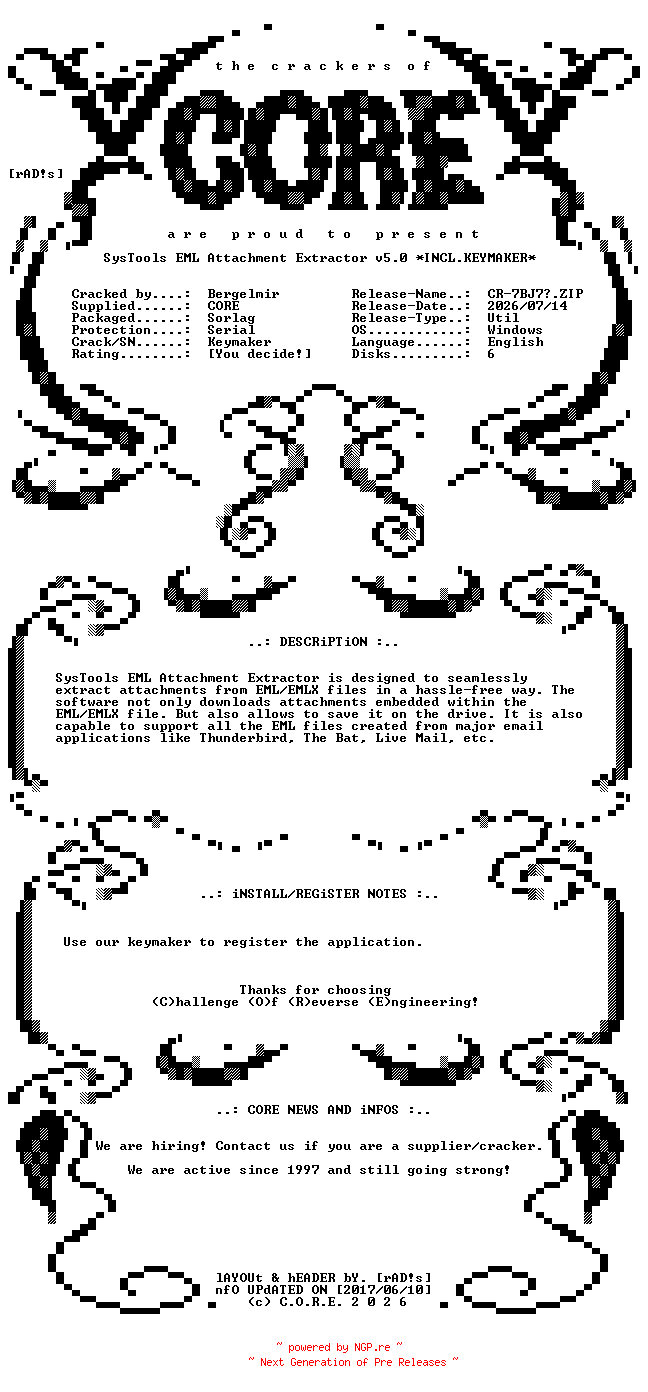 NFO for the release SysTools.EML.Attachment.Extractor.v5.0.Incl.Keymaker.INTERNAL-CORE by CORE