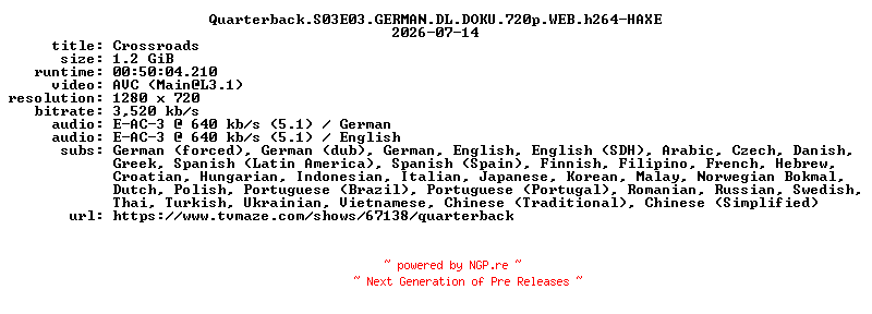 NFO for the release Quarterback.S03E03.GERMAN.DL.DOKU.720p.WEB.h264-HAXE by HAXE