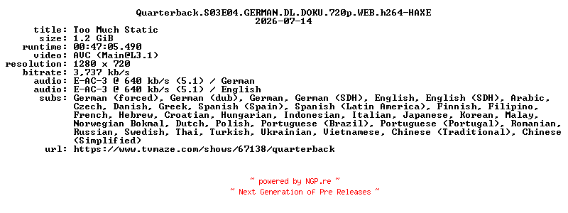 NFO for the release Quarterback.S03E04.GERMAN.DL.DOKU.720p.WEB.h264-HAXE by HAXE