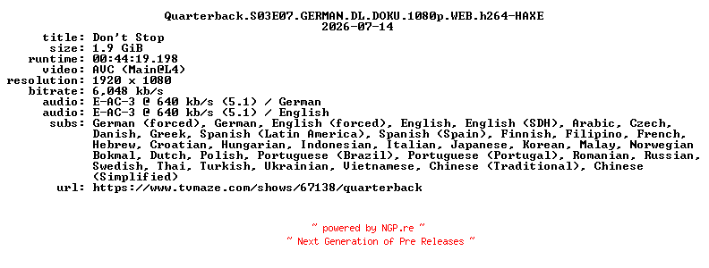 NFO for the release Quarterback.S03E07.GERMAN.DL.DOKU.1080p.WEB.h264-HAXE by HAXE