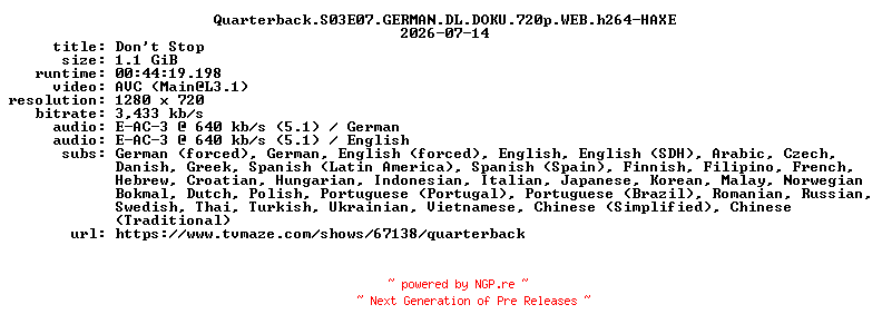 NFO for the release Quarterback.S03E07.GERMAN.DL.DOKU.720p.WEB.h264-HAXE by HAXE