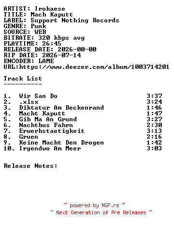 NFO for the release Irokaese-Mach_Kaputt-WEB-DE-2026-SDR by SDR