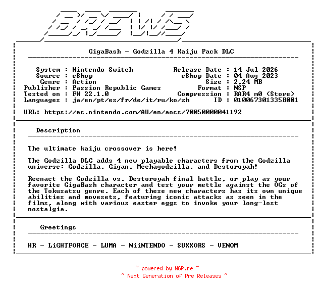 NFO for the release GigaBash_Godzilla_4_Kaiju_Pack_DLC_NSW-BREWS by BREWS