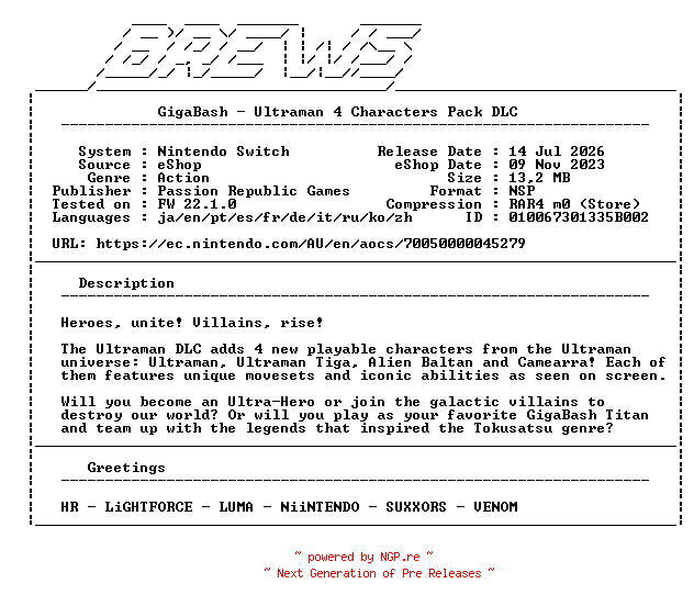 NFO for the release GigaBash_Ultraman_4_Characters_Pack_DLC_NSW-BREWS by BREWS