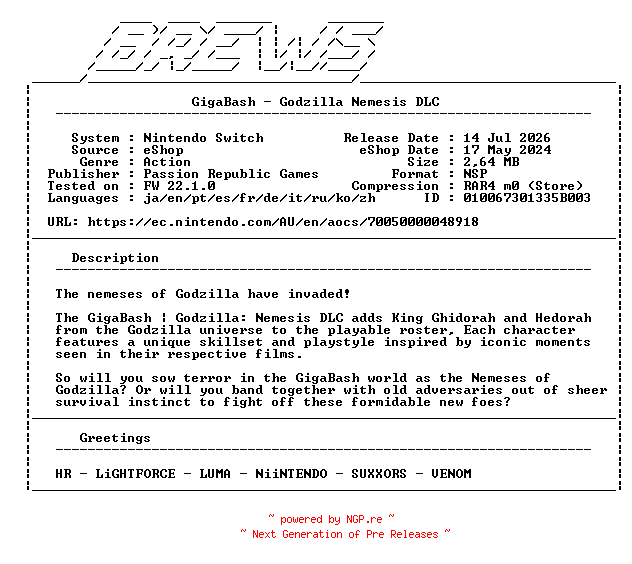 NFO for the release GigaBash_Godzilla_Nemesis_DLC_NSW-BREWS by BREWS