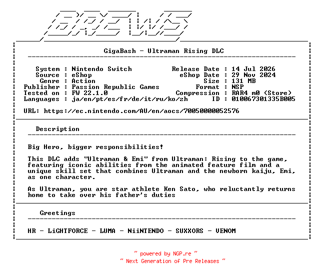 NFO for the release GigaBash_Ultraman_Rising_DLC_NSW-BREWS by BREWS