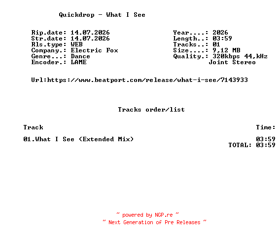 NFO for the release Quickdrop_-_What_I_See-(ELFX120)-SINGLE-WEB-2026-FMC by FMC