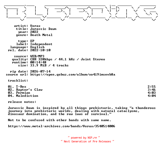 NFO for the release Vorax-Jurassic_Dawn-EP-WEB-2022-BLEEDiNG by BLEEDiNG