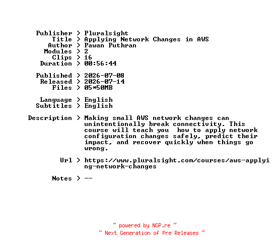 NFO for the release Pluralsight.Applying.Network.Changes.in.AWS.2026.BOOKWARE-GETH by GETH