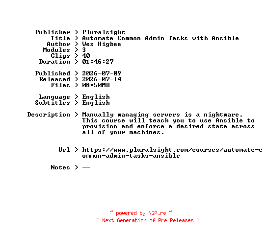 NFO for the release Pluralsight.Automate.Common.Admin.Tasks.with.Ansible.2026.BOOKWARE-GETH by GETH