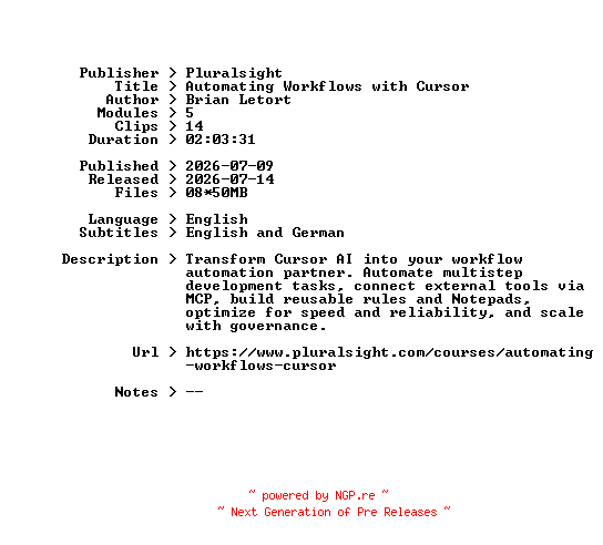 NFO for the release Pluralsight.Automating.Workflows.with.Cursor.2026.BOOKWARE-GETH by GETH
