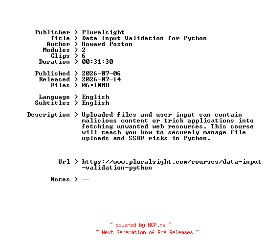 NFO for the release Pluralsight.Data.Input.Validation.for.Python.2026.BOOKWARE-GETH by GETH