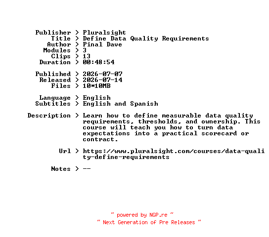 NFO for the release Pluralsight.Define.Data.Quality.Requirements.2026.BOOKWARE-GETH by GETH