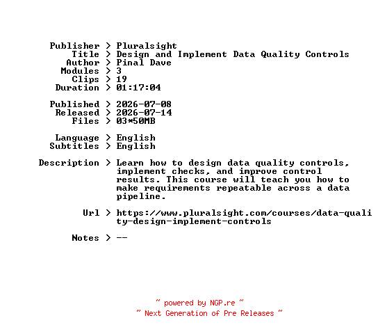 NFO for the release Pluralsight.Design.and.Implement.Data.Quality.Controls.2026.BOOKWARE-GETH by GETH