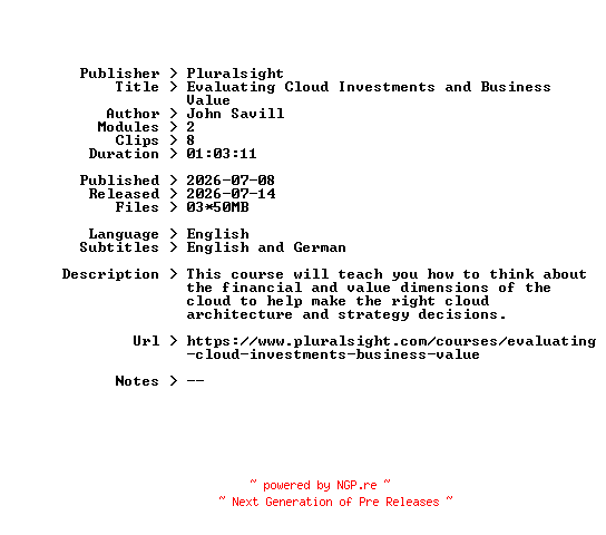 NFO for the release Pluralsight.Evaluating.Cloud.Investments.and.Business.Value.2026.BOOKWARE-GETH by GETH