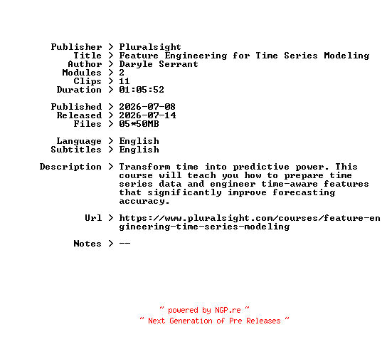 NFO for the release Pluralsight.Feature.Engineering.for.Time.Series.Modeling.2026.BOOKWARE-GETH by GETH