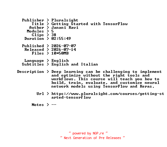 NFO for the release Pluralsight.Getting.Started.with.TensorFlow.2026.BOOKWARE-GETH by GETH