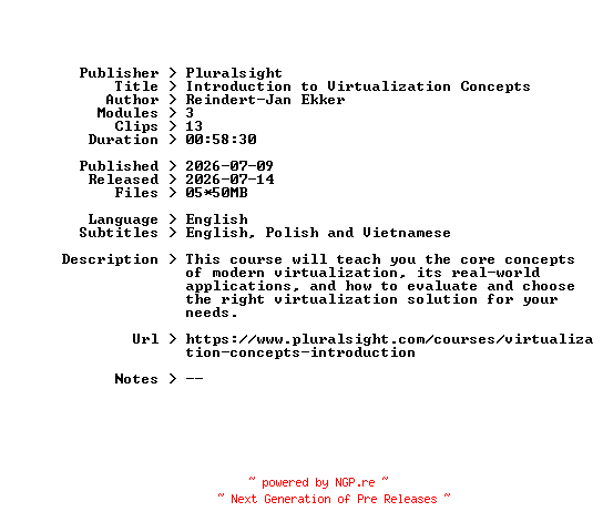 NFO for the release Pluralsight.Introduction.to.Virtualization.Concepts.2026.BOOKWARE-GETH by GETH