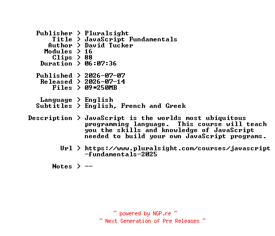 NFO for the release Pluralsight.JavaScript.Fundamentals.2026.BOOKWARE-GETH by GETH
