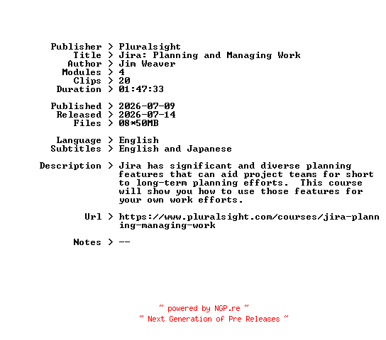 NFO for the release Pluralsight.Jira.Planning.and.Managing.Work.2026.BOOKWARE-GETH by GETH