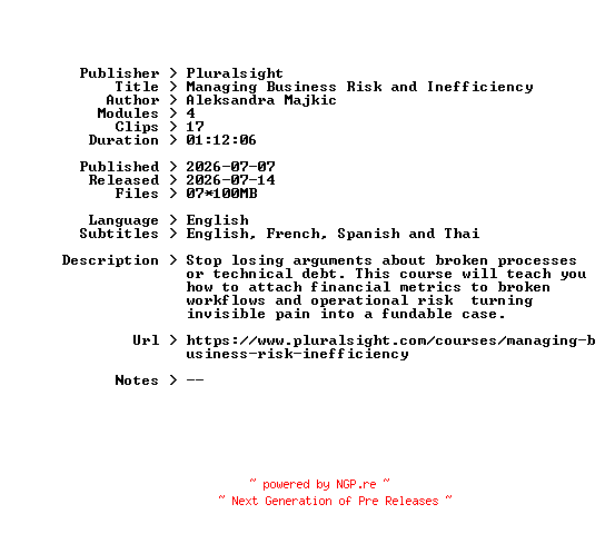 NFO for the release Pluralsight.Managing.Business.Risk.and.Inefficiency.2026.BOOKWARE-GETH by GETH