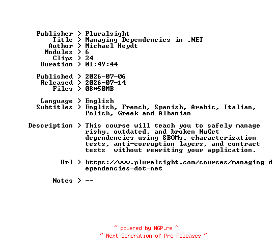 NFO for the release Pluralsight.Managing.Dependencies.in.NET.2026.BOOKWARE-GETH by GETH