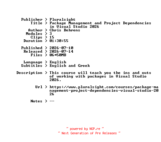NFO for the release Pluralsight.Package.Management.and.Project.Dependencies.in.Visual.Studio.2026.2026.BOOKWARE-GETH by GETH