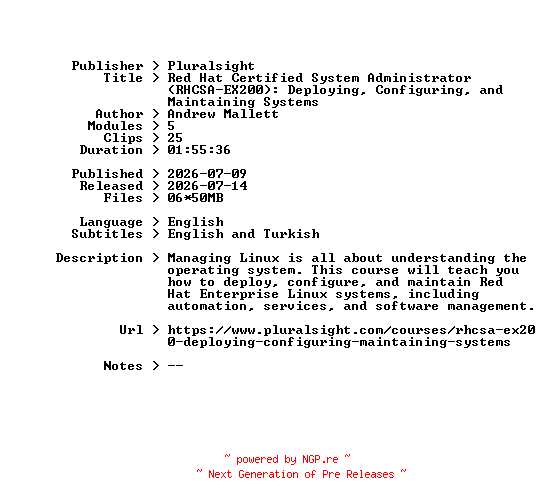 NFO for the release Pluralsight.Red.Hat.Certified.System.Administrator.RHCSA-EX200.Deploying.Configuring.and.Maintaining.Systems.2026.BOOKWARE-GETH by GETH