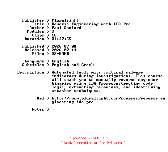 NFO for the release Pluralsight.Reverse.Engineering.with.IDA.Pro.2026.BOOKWARE-GETH by GETH