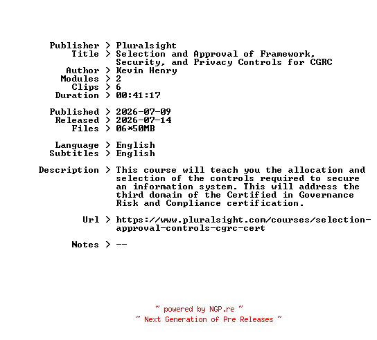 NFO for the release Pluralsight.Selection.and.Approval.of.Framework.Security.and.Privacy.Controls.for.CGRC.2026.BOOKWARE-GETH by GETH