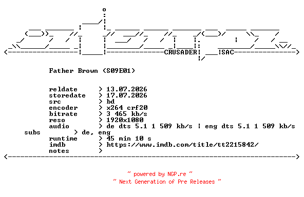NFO for the release Father.Brown.2013.S09E01.German.DL.1080p.BluRay.x264-iNTENTiON by iNTENTiON