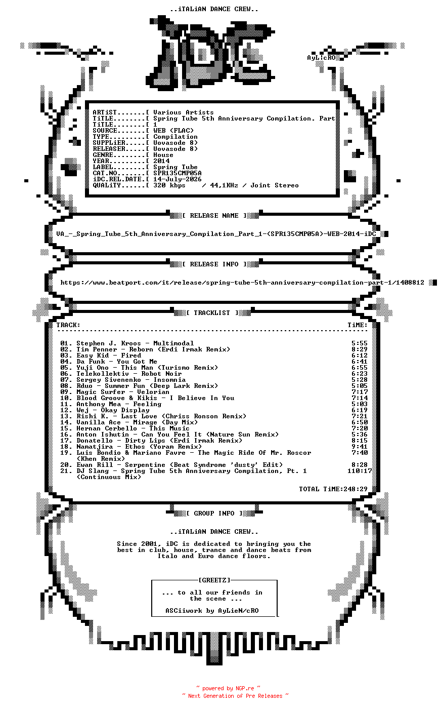 NFO for the release VA_-_Spring_Tube_5th_Anniversary_Compilation_Part_1-(SPR135CMP05A)-WEB-2014-iDC by iDC