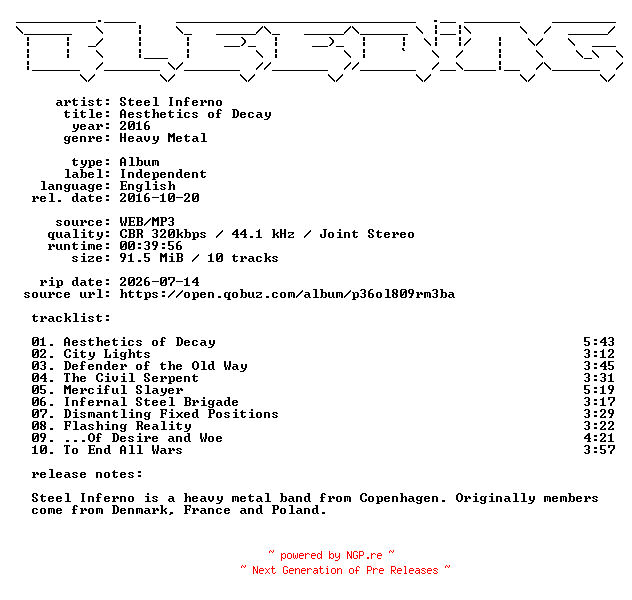 NFO for the release Steel_Inferno-Aesthetics_of_Decay-WEB-2016-BLEEDiNG by BLEEDiNG