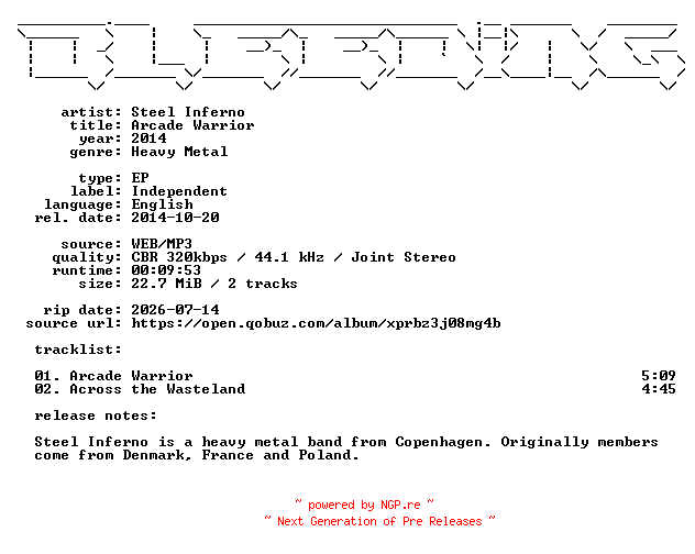 NFO for the release Steel_Inferno-Arcade_Warrior-EP-WEB-2014-BLEEDiNG by BLEEDiNG