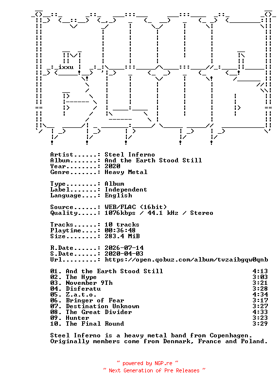 NFO for the release Steel_Inferno-And_the_Earth_Stood_Still-16BIT-WEB-FLAC-2020-MOONBLOOD by MOONBLOOD