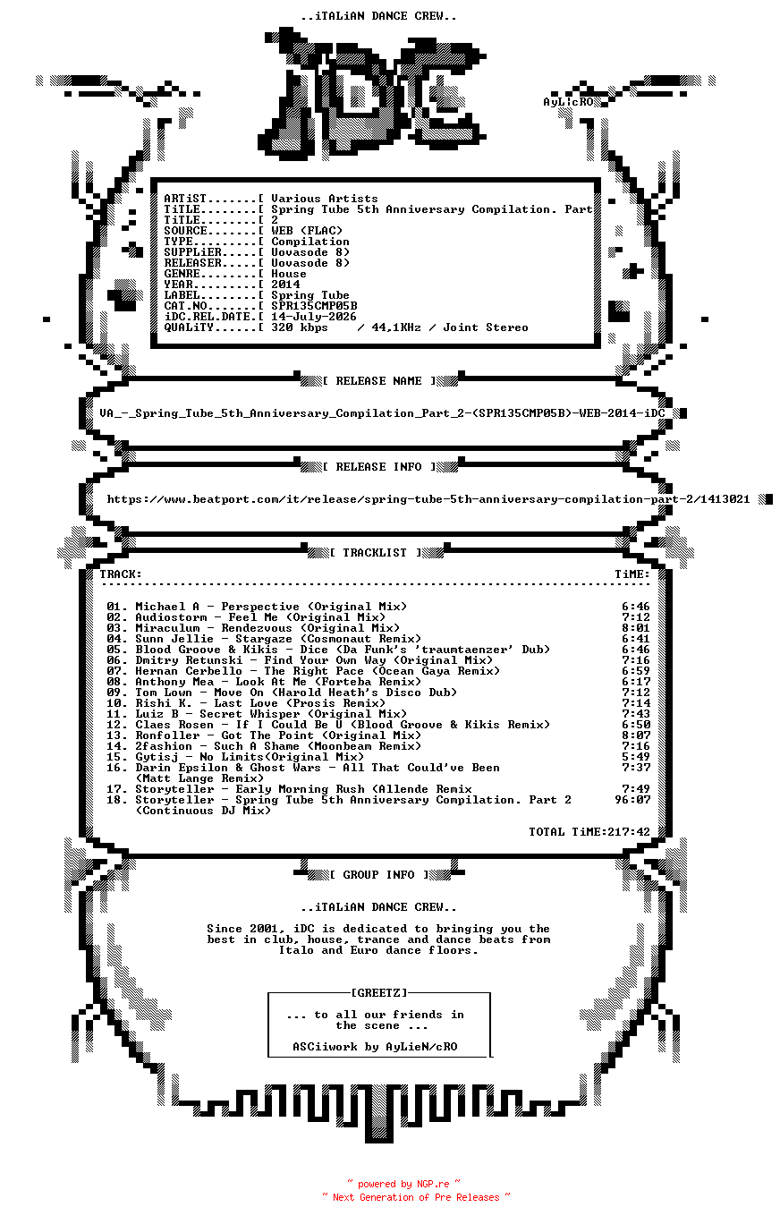 NFO for the release VA_-_Spring_Tube_5th_Anniversary_Compilation_Part_2-(SPR135CMP05B)-WEB-2014-iDC by iDC