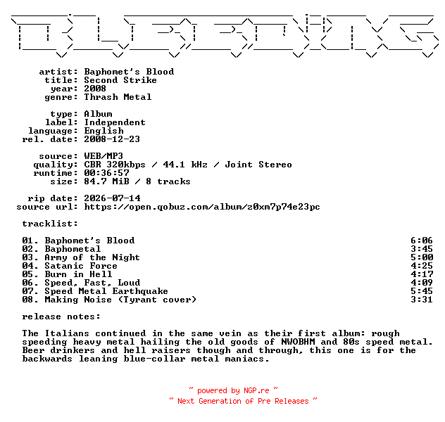NFO for the release Baphomets_Blood-Second_Strike-WEB-2008-BLEEDiNG by BLEEDiNG