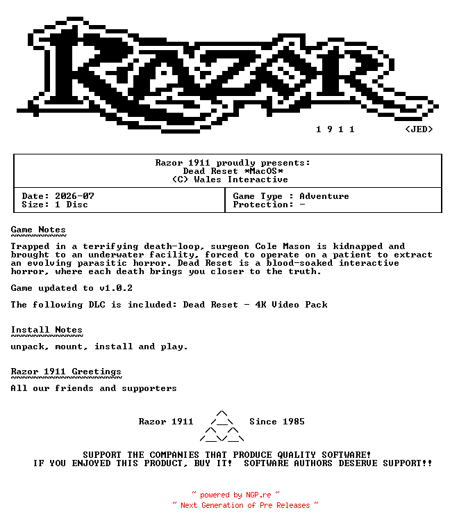 NFO for the release Dead_Reset_MacOS-Razor1911 by Razor1911