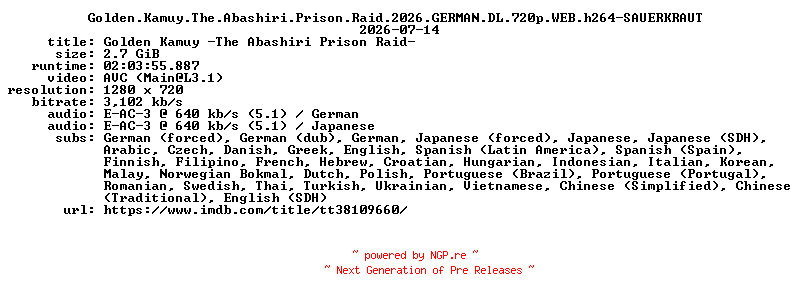 NFO for the release Golden.Kamuy.The.Abashiri.Prison.Raid.2026.GERMAN.DL.720p.WEB.h264-SAUERKRAUT by SAUERKRAUT