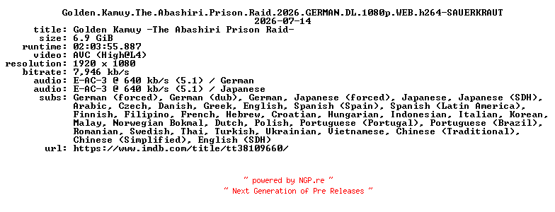 NFO for the release Golden.Kamuy.The.Abashiri.Prison.Raid.2026.GERMAN.DL.1080p.WEB.h264-SAUERKRAUT by SAUERKRAUT
