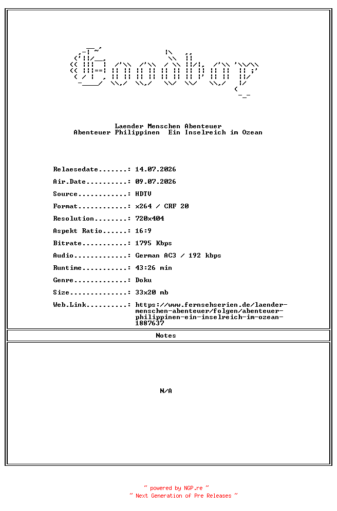 NFO for the release Laender.Menschen.Abenteuer.Abenteuer.Philippinen.Ein.Inselreich.im.Ozean.GERMAN.DOKU.WS.HDTVRip.x264-Goodboy by Goodboy