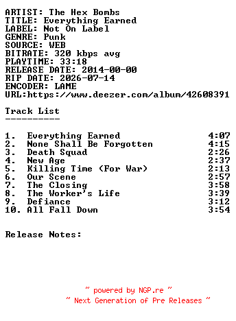 NFO for the release The_Hex_Bombs-Everything_Earned-WEB-2014-SDR by SDR