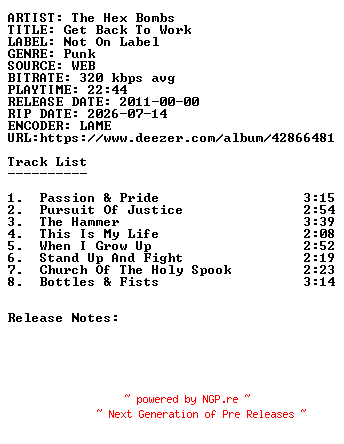 NFO for the release The_Hex_Bombs-Get_Back_To_Work-WEB-2011-SDR by SDR