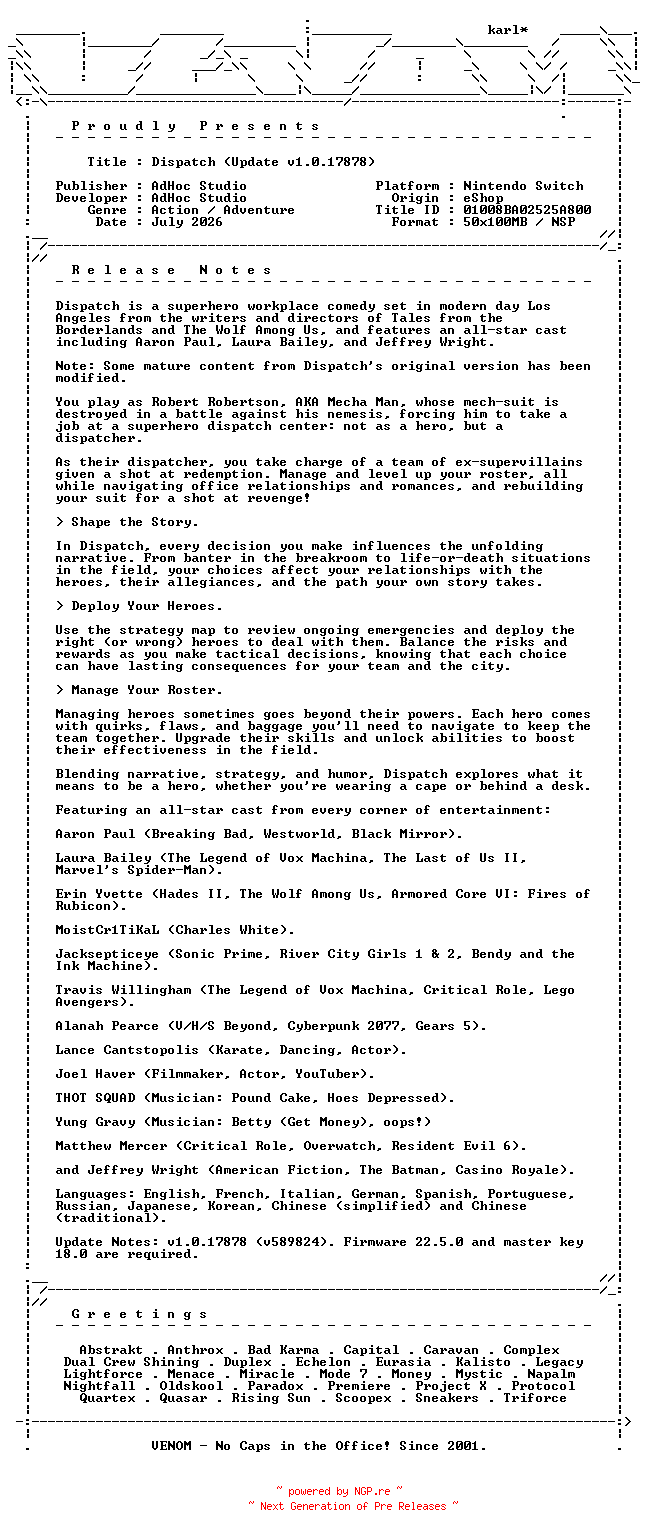 NFO for the release Dispatch_Update_v1.0.17878_NSW-VENOM by VENOM