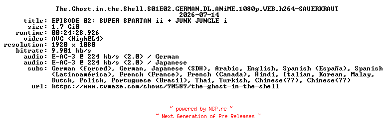 NFO for the release The.Ghost.in.the.Shell.S01E02.GERMAN.DL.ANiME.1080p.WEB.h264-SAUERKRAUT by SAUERKRAUT