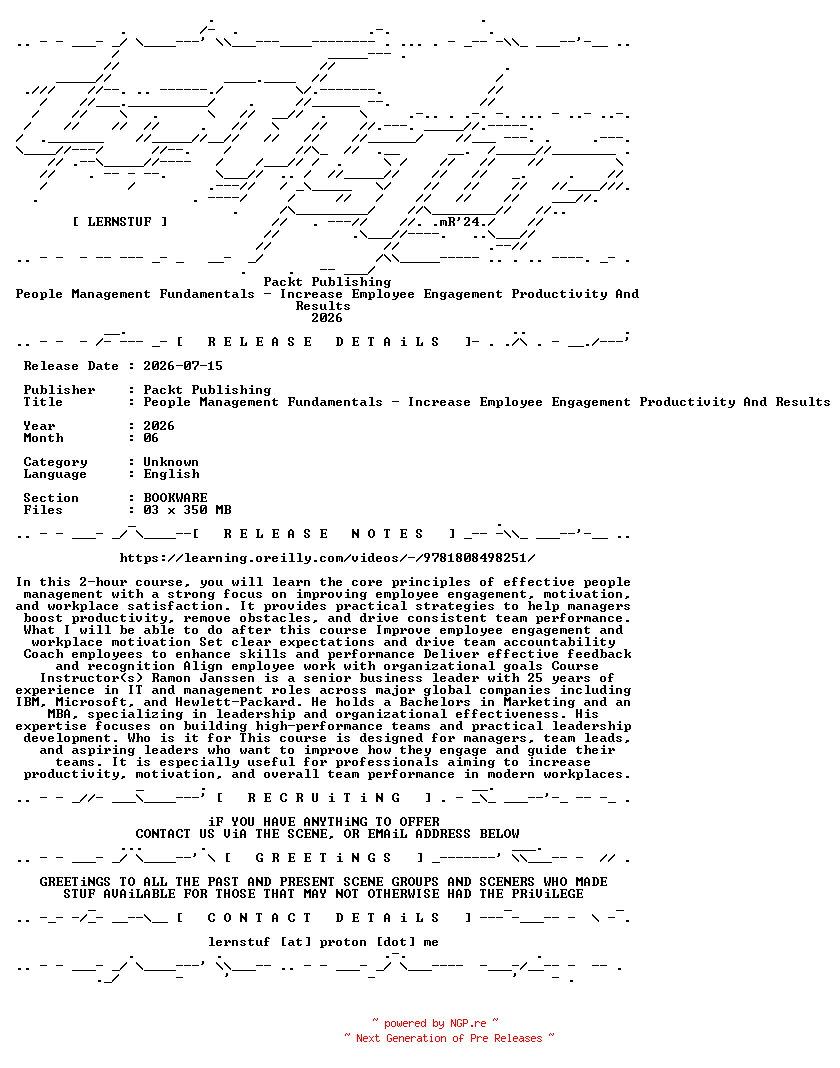 NFO for the release Packt.Publishing.-.People.Management.Fundamentals.-.Increase.Employee.Engagement.Productivity.And.Results.2026.BOOKWARE-LERNSTUF by LERNSTUF