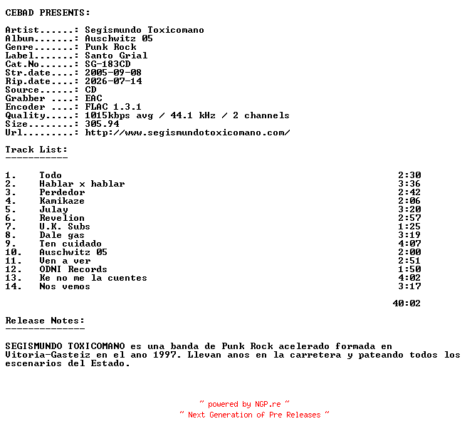 NFO for the release Segismundo_Toxicomano-Auschwitz_05-(SG-183CD)-ES-CD-FLAC-2005-CEBAD by CEBAD