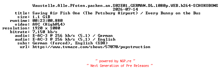NFO for the release Waustelle.Alle.Pfoten.packen.an.S02E01.GERMAN.DL.1080p.WEB.h264-SCHOKOBONS by SCHOKOBONS