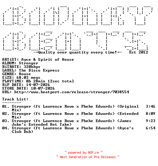NFO for the release Ayce_And_Spirit_Of_House-Stronger-(XPRESS114)-WEB-2026-BB by BB