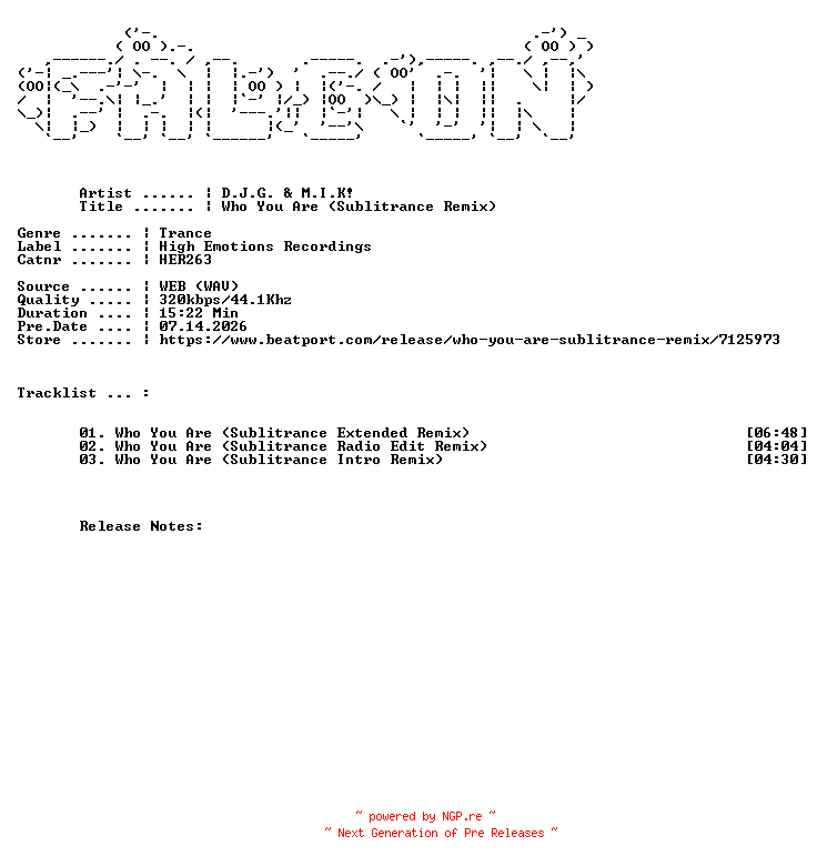 NFO for the release D.J.G._And_M.I.K-Who_You_Are_Sublitrance_Remix-(HER263)-WEB-2026-FALCON by FALCON